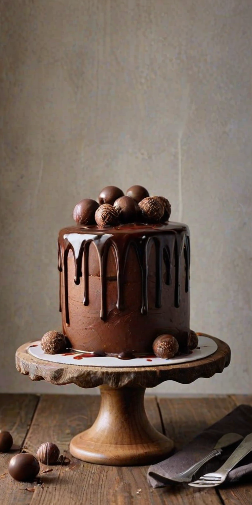 Create an image of a three-layered chocolate cake with a glossy chocolate ganache dripping from the top. The cake should be decorated with chocolate shards, round chocolate balls, and white chocolate truffles. Place the cake on a rustic wooden cake stand, and ensure the background is a soft, neutral color to highlight the cake's rich textures and colors.