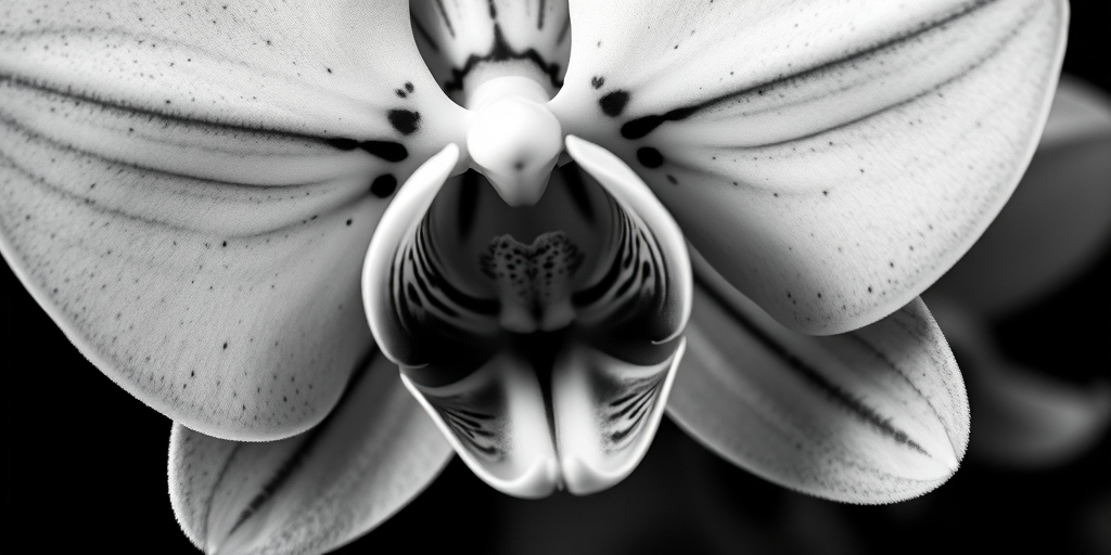 create a highly detailed black and white illustration of an orchid flower with intricate patterns, use a macro lens setting, f-stop of 16 for sharp depth of field, 100mm focal length, and natural soft lighting to enhance texture and contrast, shot with a DSLR camera in a studio environment