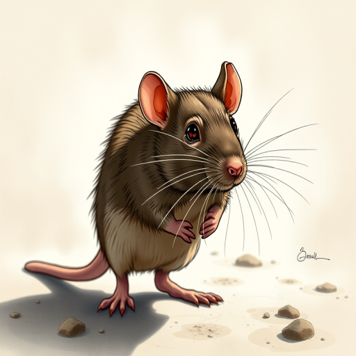 Create a detailed illustration of a standing rat with a realistic texture, sharp focus, taken from a low angle using a DSLR camera with a 50mm lens, aperture set to f/2.8, ISO 100, with natural lighting to enhance shadows and highlights.