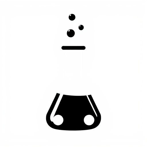 Create an image of a black and white laboratory flask icon with bubbles above it, using a DSLR camera with a 50mm lens, aperture set to f/1.8, ISO 200, in high contrast and sharp focus, front view, flat design style.