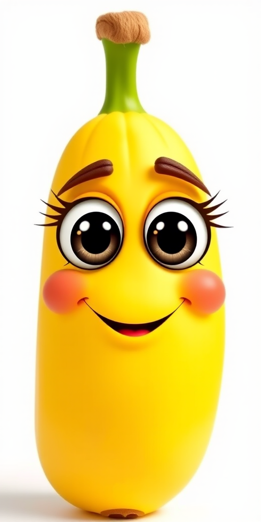 Create a vibrant and playful cartoon banana with large eyes and a smiling face, captured in high resolution with a Canon EOS R5, 50mm lens, f/2.8 aperture, ISO 100, soft studio lighting, and a clean white background for enhanced image quality.