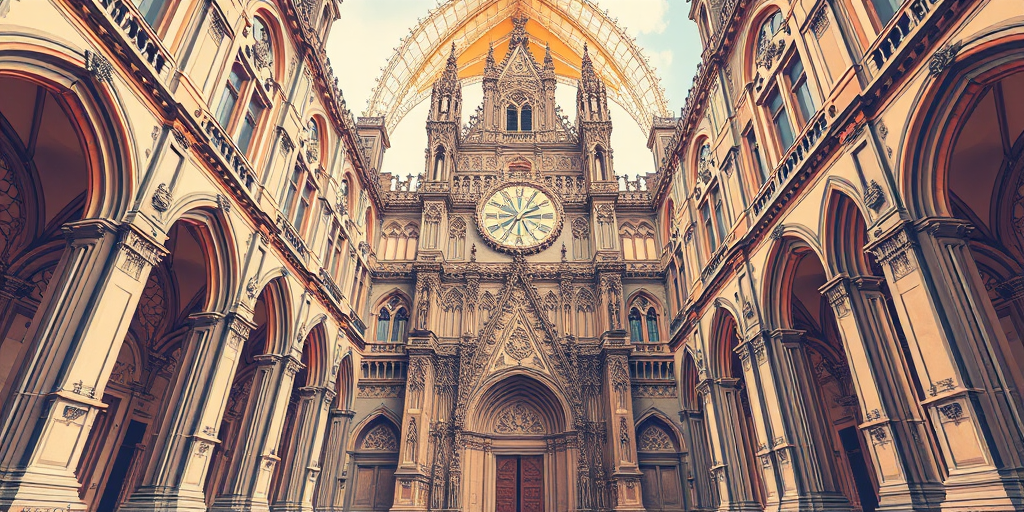 Regenerate an architectural illustration of a Gothic cathedral with intricate details and warm tones, captured with a Canon EOS R5 at f/8, ISO 200, 24mm lens, using a wide-angle perspective and a cinematic style.