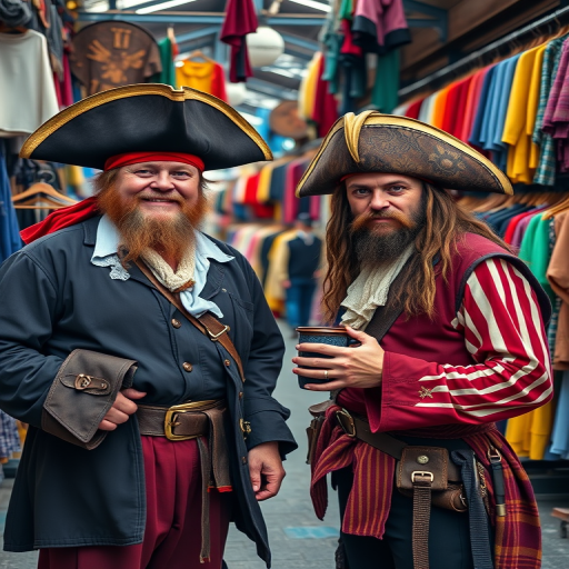A vibrant marketplace scene featuring two pirates, one holding a mug, with colorful clothing racks in the background, shot with a Nikon D850 at f/4, 1/125s, ISO 200, wide-angle lens, natural lighting, high dynamic range.