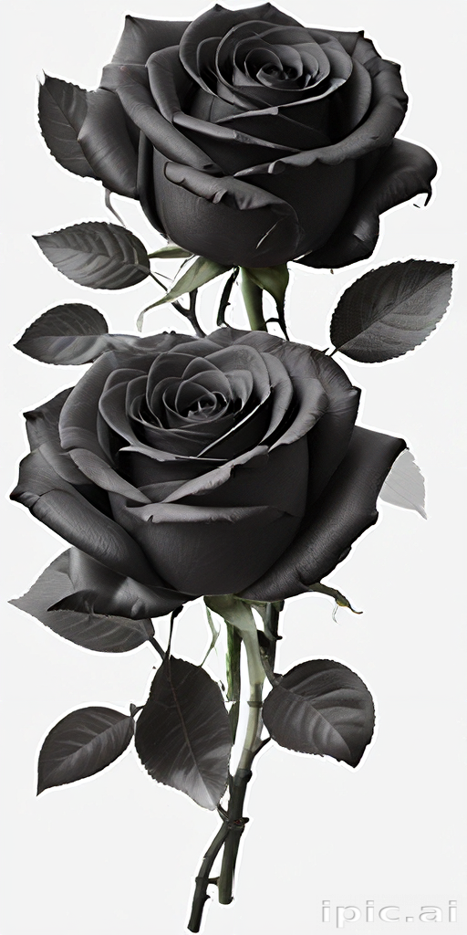 Elegant Black Roses with Lush Green Leaves on a Pure White Background