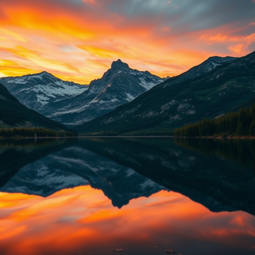 Create a high-resolution image of a serene landscape featuring a tranquil lake reflecting the mountains at sunset, with vibrant colors in the sky, shot with a Canon EOS R5, using a 24-70mm f/2.8 lens, aperture set at f/8, ISO 100, and at a shutter speed of 1/125 seconds, in a wide-angle view to capture the full expanse of the scene.