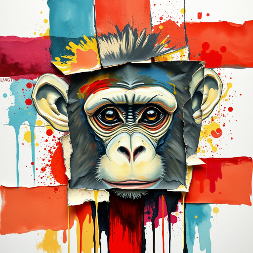 abstract watercolor painting with bold and deep brushstrokes. Thick impasto paint used. Dripping effect. Image breaking up into rectanguls shapes. Paint cracking. just a  smal;l pair of monkey's eyes starting to appear in the middle. The eyes are crying.  Coloured paint splattered around the edges. Geometric lines in background. swirly effect. peeling paint effect. raised rectangles. Dinghy Cream Look edge added in Topaz.