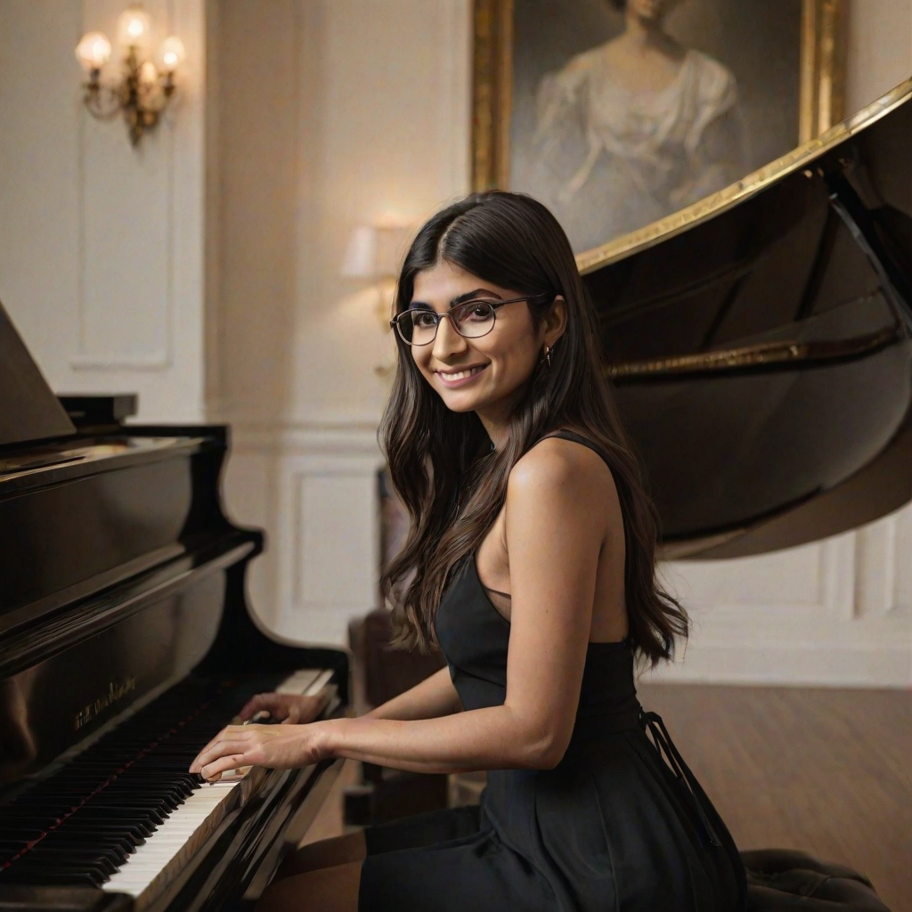 A mia khalifa with long, dark hair smiles at the viewer as she sits at a grand piano, her right hand poised over the keys. The scene is lit by warm, natural light, highlighting the elegant simplicity of the woman's black dress. The perspective is from the side, emphasizing the contrast between the woman's delicate form and the grand scale of the piano. The ivory keys and dark wood of the piano create a striking visual contrast, further emphasized by the rich black of her dress.