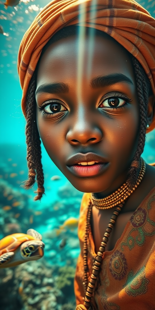 Realistic selfie image of a Oromo, wearing a vintage outfit, detailed dreamy eyes, droopy hooded eyes, staring at the camera, taken underwater at coral reef with a sunbeam filtering through the water, vibrant, summer vacation, natural lighting, turtle and school of tropical fish with vibrant colors, rendered in the style of CryEngine, Pegi Nicol MacLeod, with realistic genre scenes, hauntingly beautiful narratives, ultra-realism, and Thomas Saliot's close-up technique, 8K resolution, crystal clear and sparkling water.