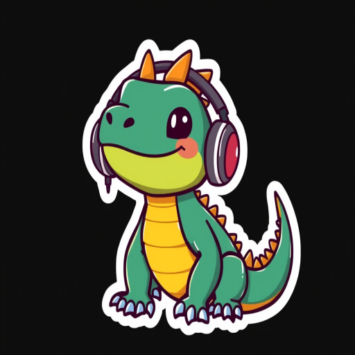 this picture is sticker, Happy Colorful Komodo dragon wearing Headphones, kawaii, contour, vector, black background