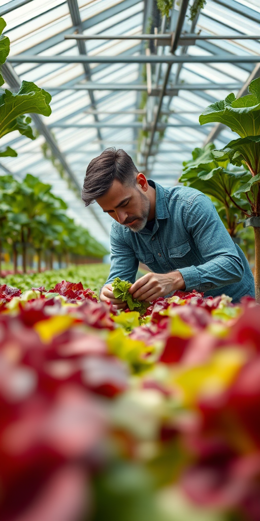 Indoor greenhouse with a man carefully harvesting lettuce, vibrant green and red leaves, soft diffused lighting, focus on the man and plants, shallow depth of field, ISO 200, f/2.8, 1/100 sec, Sony Alpha A7 III, 50mm lens, natural colors, high resolution.