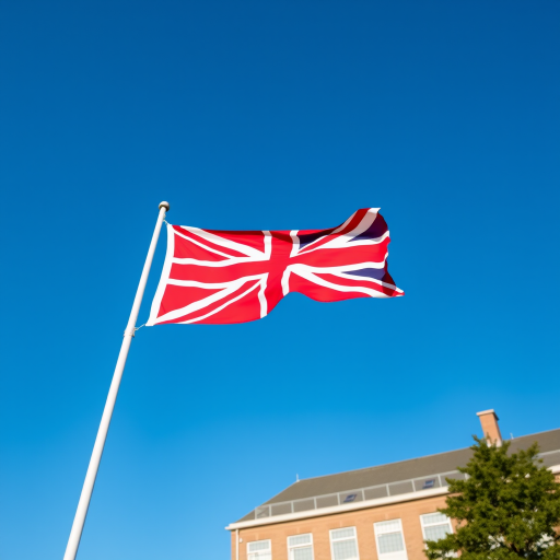 Capture a vivid image of a red flag with a Union Jack in clear blue sky, using a DSLR camera at f/8, ISO 100, 1/250 sec, shot from a low angle with a wide-angle lens.