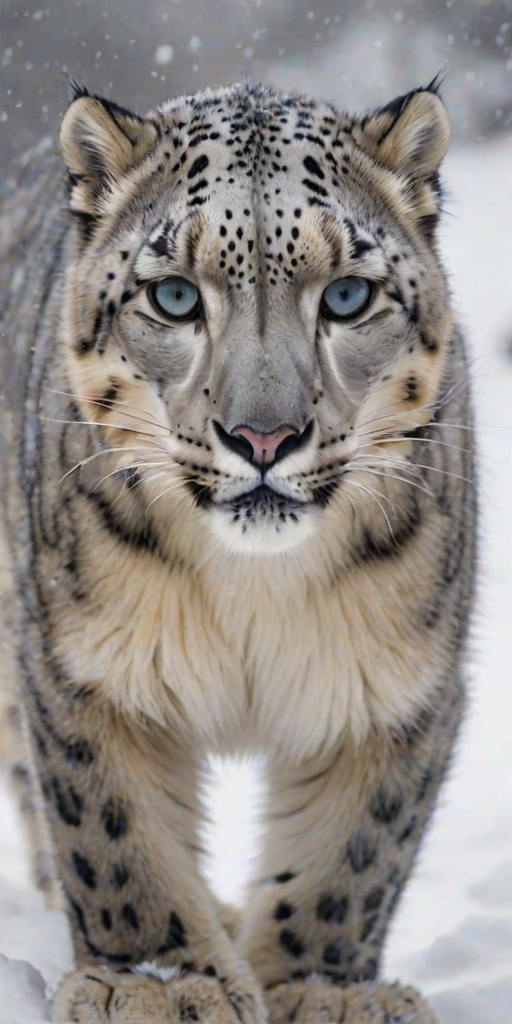 Sharp, detailed close-up of a snow leopard prowling through a snowy mountain pass, soft snowflakes dusting its fur, intense focus in its eyes, soft sunlight highlighting its spots, and the quiet majesty of the wild.
