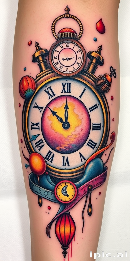 Surrealist "Melting Clock" tattoo inspired by Salvador Dali, featuring distorted timepieces and dreamlike imagery in a mix of soft pastels and bold primary colors