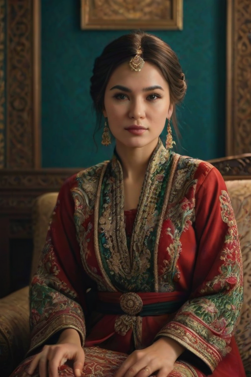 A beautiful Turkmen woman in traditional East Asian attire, intricately detailed with embroidered patterns, sitting gracefully in a richly decorated room, soft ambient lighting, serene and elegant, ultra-realistic, 8K resolution