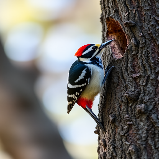 Regenerate an image of a woodpecker perched on a tree trunk, using a DSLR camera with a 200mm lens, aperture set to f/5.6, ISO 400, at a shutter speed of 1/1000s, shot in natural light, focusing on sharp details and vibrant colors, with a blurred background for depth.