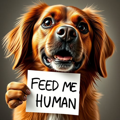 dog holding a note which says "FEED ME HUMAN"