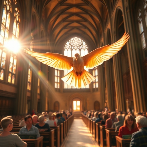a majestic dove with fiery wings soaring in a grand cathedral filled with sunlight streaming through stained glass windows, worshippers seated in wooden pews, captured with a Canon EOS R5 at f/1.4, ISO 100, 24mm, wide-angle lens, soft focus with high dynamic range lighting