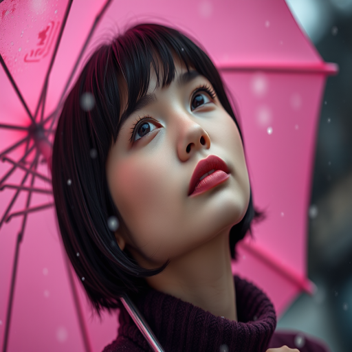 Create a high-resolution portrait of a young woman with short black hair gazing upward, holding a pink umbrella, surrounded by snowflakes, using a Canon EOS R5, 50mm f/1.2 lens, aperture at f/2.8, ISO 100, in soft diffused lighting for a dreamlike quality.