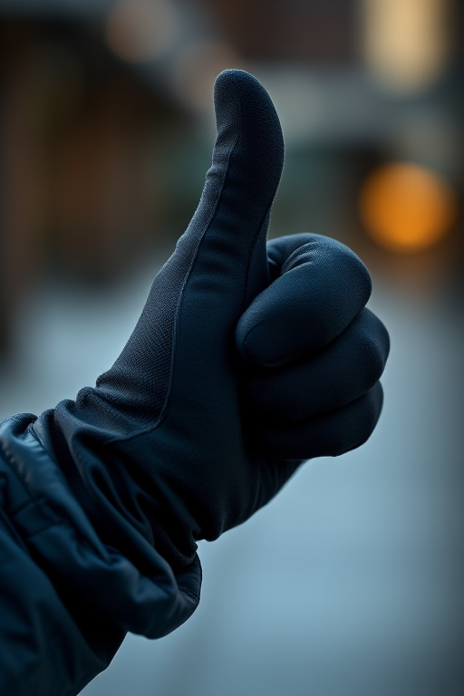 Generate a highly detailed image of a black gloved hand giving a thumbs up, shot with a Canon EOS R5 at f/2.8, ISO 100, 1/200 sec, in a close-up view with soft focus background for enhanced visual quality.