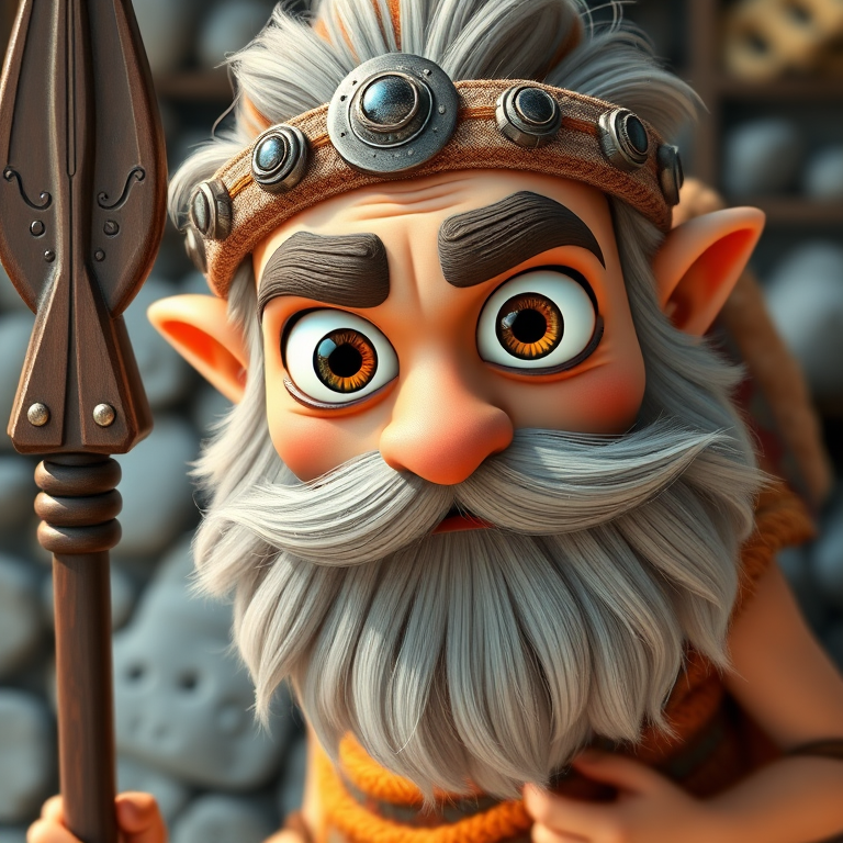 Regenerate a cartoon-style character with large googly eyes and an exaggerated beard, holding a spear, using a Canon EOS R5, f/2.8 aperture, ISO 100, 50mm lens, top-down view, vibrant colors, high contrast, and sharp focus.