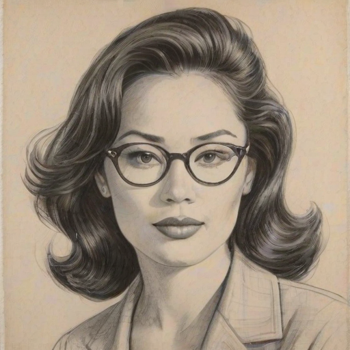 Fascinating Lindsay Price, pencil sketch, portrait of Pleasing woman 1946s in glasses, hair style beatnik, outline, clear lines, fine lines, 8k