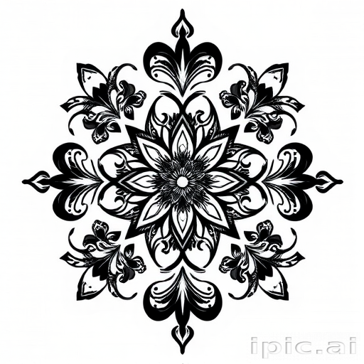 Blackwork ornamental tattoo titled "Gothic Lace" featuring intricate floral and geometric patterns inspired by Victorian architecture with bold black lines and intricate details