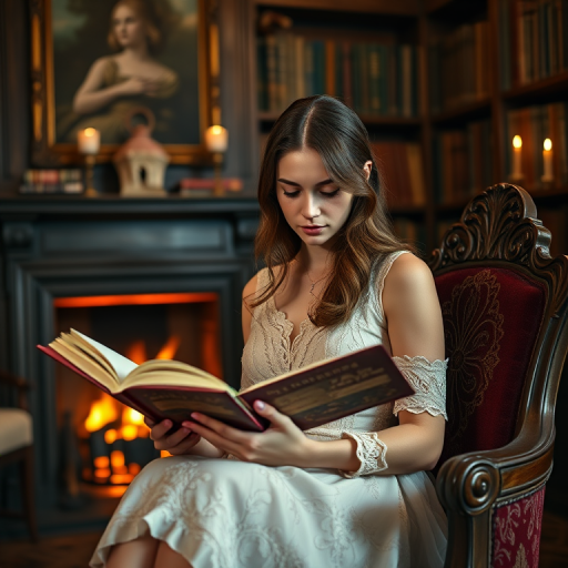Generate a cozy scene of a young woman reading a book in a vintage library with a fireplace, warm lighting, intricate details in her dress, while sitting in an ornate chair, using a Canon EOS R5 with a 50mm lens at f/1.8, ISO 200, 1/60 sec shutter speed, in natural light for soft focus and depth, painterly style.