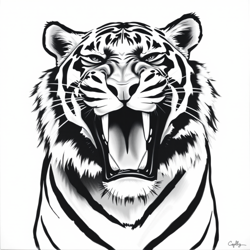 Abstract black and white acrylic portrait of an over exaggerated laughing (tiger). Minimalism style. White background.