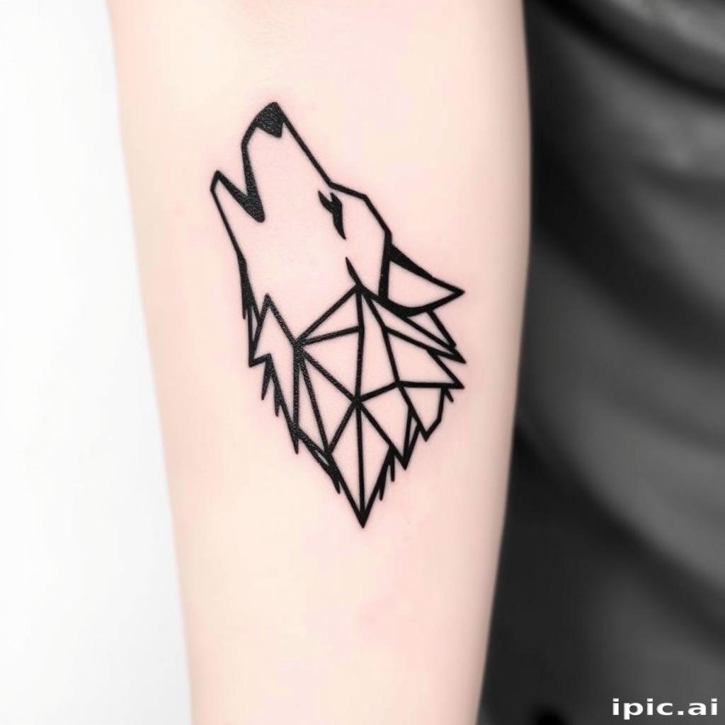 Minimalist geometric wolf tattoo with clean black lines forming angular shapes, creating a stylized representation of a howling wolf head, incorporating negative space for a modern and striking aesthetic