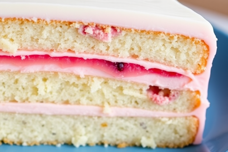 A close-up of a slice of layered cake with visible poppy seeds in the light sponge layers and a pink fruit filling between the layers, topped with smooth white frosting and a light pink border, resting on a blue plate.