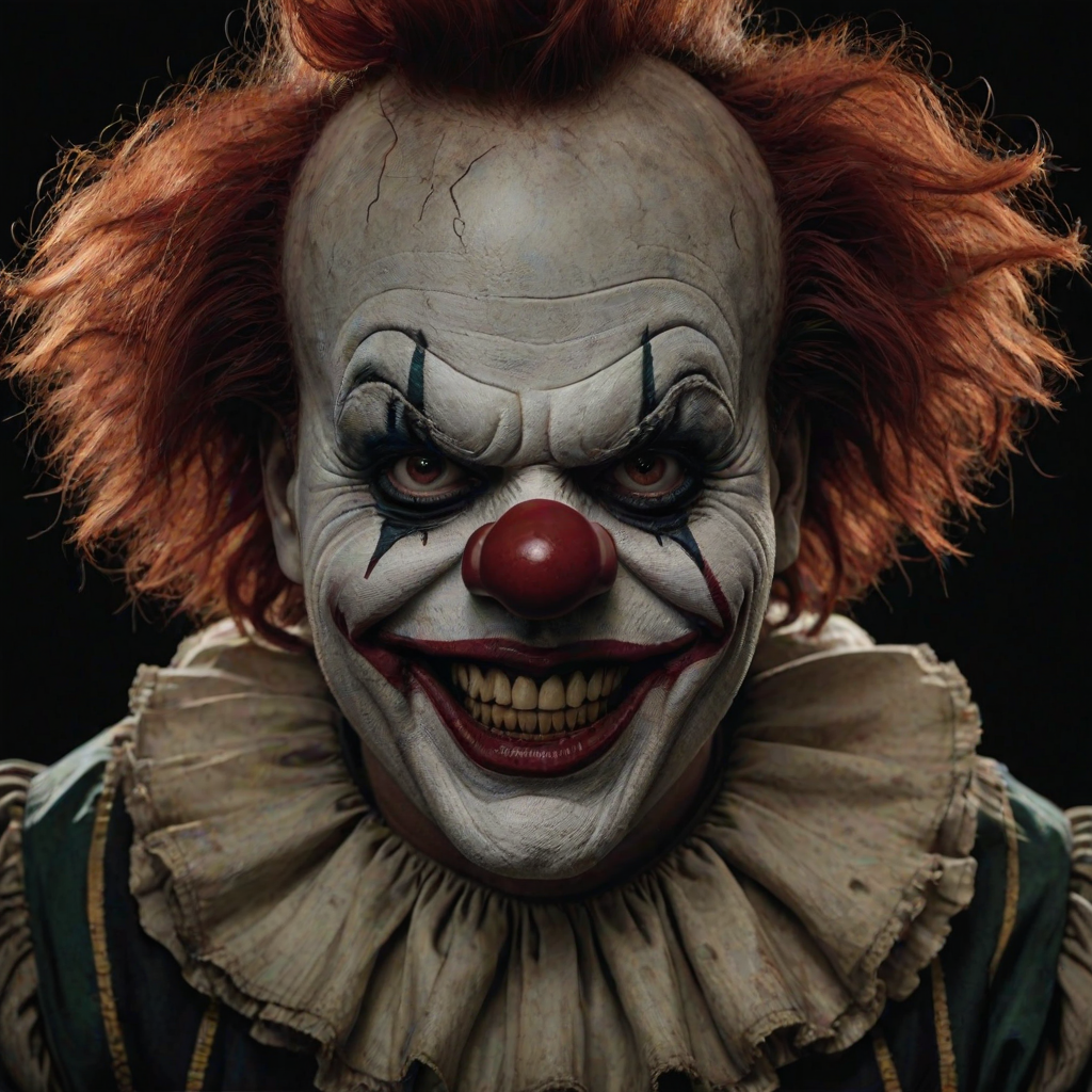 Create a hyper-realistic, dark, and eerie clown with a sinister smile, set against a black background. The clown should have exaggerated makeup with sharp, contrasting colors to enhance its menacing appearance. The overall atmosphere should be unsettling and intense, capturing a sense of horror and suspense