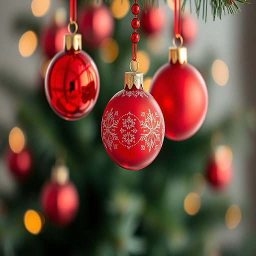 Create an image of three red Christmas ornaments hanging with decorative beads, photographed with a Canon EOS R5, 50mm lens, f/1.8 aperture, ISO 200, in a soft focus style against a blurred festive background.