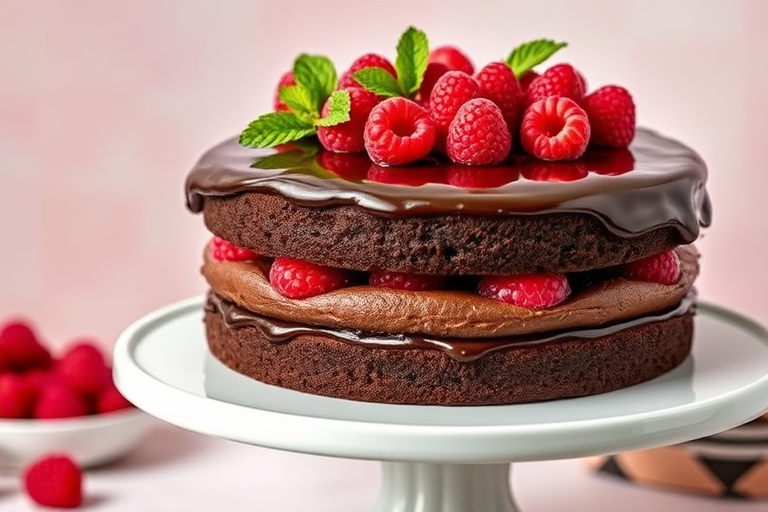 A rich chocolate cake with layers filled with raspberry jam and covered in glossy chocolate ganache garnished with fresh raspberries and mint leaves on top, displayed on a white cake stand against a soft pastel background.