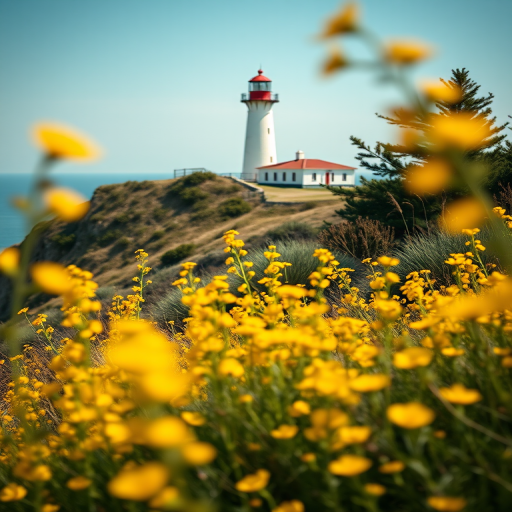 A scenic view of a lighthouse on a hill surrounded by vibrant yellow flowers, captured with a Canon EOS R5 using a 24-70mm f/2.8 lens, aperture f/8, shutter speed 1/250s, ISO 100, in daylight with a soft focus background for depth.