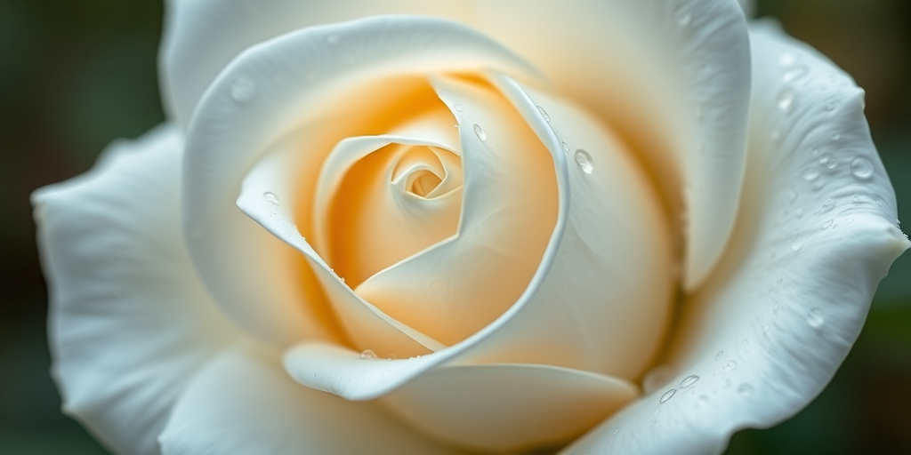 Capture a close-up of a white rose with soft water droplets, using a macro lens at f/2.8, 1/200 sec shutter speed, ISO 100, with a shallow depth of field to create a blurred background, natural lighting, and a Canon EOS 5D Mark IV camera.