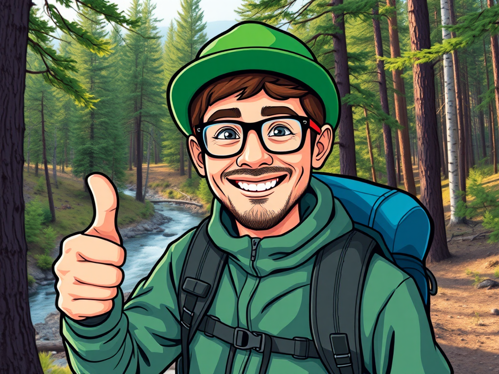 Generate an illustration of a cheerful hiker with glasses and a green hat, thumbs up, standing in a forest with trees and a river in the background, using a vibrant color palette, shot with a Canon EOS R5 at f/2.8, 35mm lens, ISO 100, natural lighting for enhanced clarity and detail.