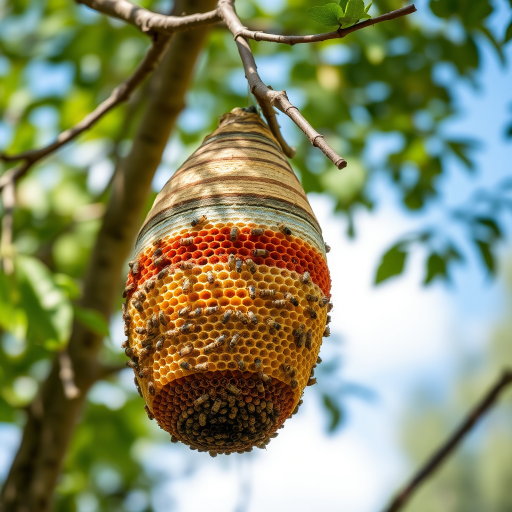 close-up shot of a beehive hanging from a tree branch with green foliage in the background, shot at f/2.8 aperture, shutter speed 1/250s, ISO 200, 50mm lens, using a DSLR camera with natural lighting
