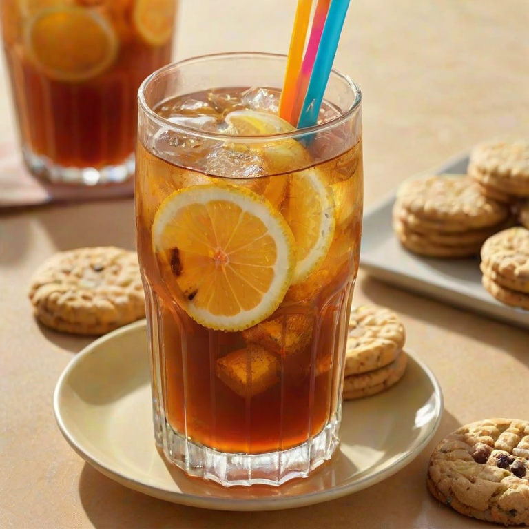 Close-up of a glass of iced tea with lemon slices, soft sunlight highlighting the condensation on the glass, with a colorful straw and a plate of cookies nearby.