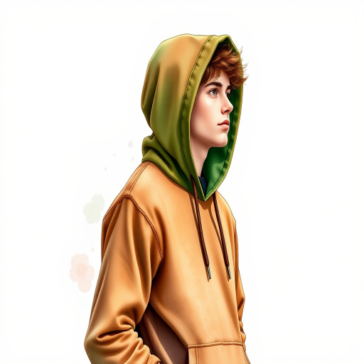 Create a watercolor illustration of a person wearing a brown and green hoodie with a hood up, standing sideways with a contemplative expression, soft natural lighting, shallow depth of field, ISO 100, f/2.8, 50mm lens, shot in a well-lit studio for vibrant colors.