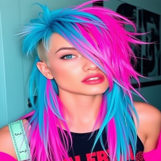 Edgy turquoise mullet with neon pink undertones, styled in tousled layers for a modern punk rock vibe, christened "Cyber Tsunami"