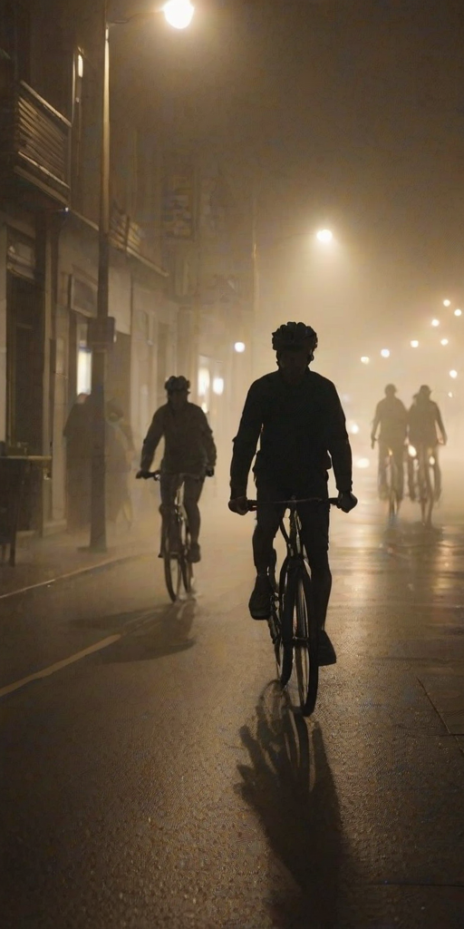 Blurry night-time shot of a group of friends riding bicycles through a foggy city street, faint light from streetlamps and storefronts illuminating the mist, with their silhouettes trailing into the distance.