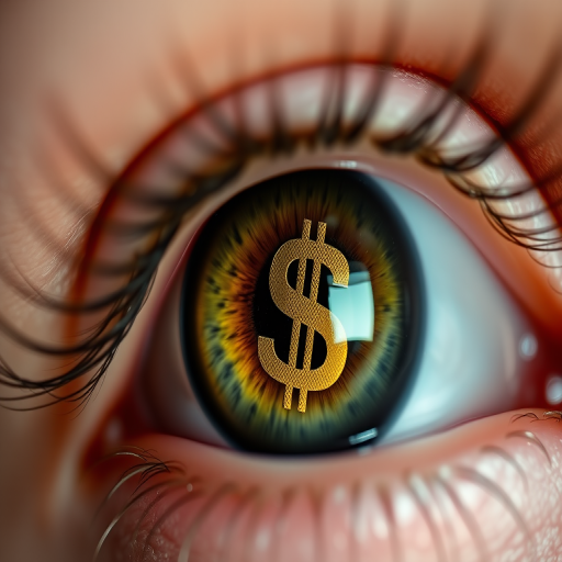 Close-up of a human eye with a dollar sign reflected in the pupil, macro lens, aperture f/2.8, ISO 100, shutter speed 1/200s, natural light, DSLR camera, high detail, vibrant colors.