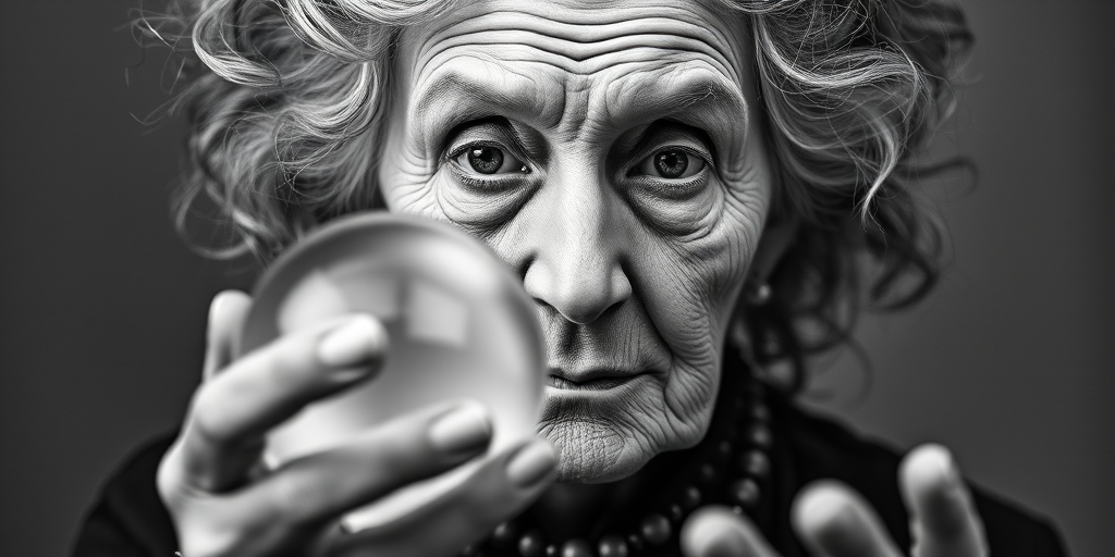 Create a highly detailed black and white portrait of an elderly woman with wild curly hair and deep wrinkles, holding a crystal ball, use a 50mm lens, f/1.8 aperture, ISO 100, with soft diffused lighting in a shallow depth of field to enhance texture and contrast, shot in a studio environment.