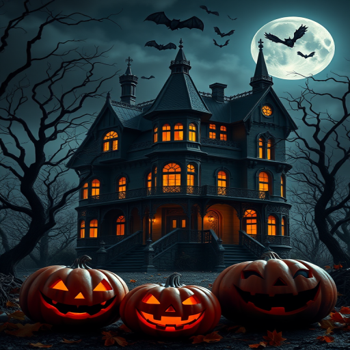 Create a spooky Halloween scene featuring a dark, gothic mansion with intricate architecture illuminated by glowing orange lights. Surround the mansion with twisted trees, a full moon in the background, and bats flying in the night sky. Add carved pumpkins with eerie expressions in the foreground and autumn leaves scattered around to enhance the atmosphere.