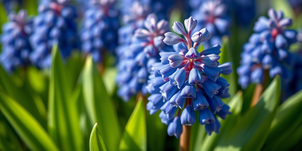 high-resolution close-up of blue grape hyacinths with lush green leaves, soft natural lighting, aperture f/2.8, shutter speed 1/250s, ISO 100, DSLR camera, macro photography style
