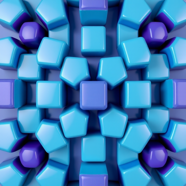 Create a seamless 3D geometric pattern of glossy cubes in shades of blue, teal, and purple with soft reflections, using a DSLR camera at f/5.6 aperture, ISO 200, 1/60 shutter speed, in a top-down view with dramatic lighting to enhance depth and reflections.