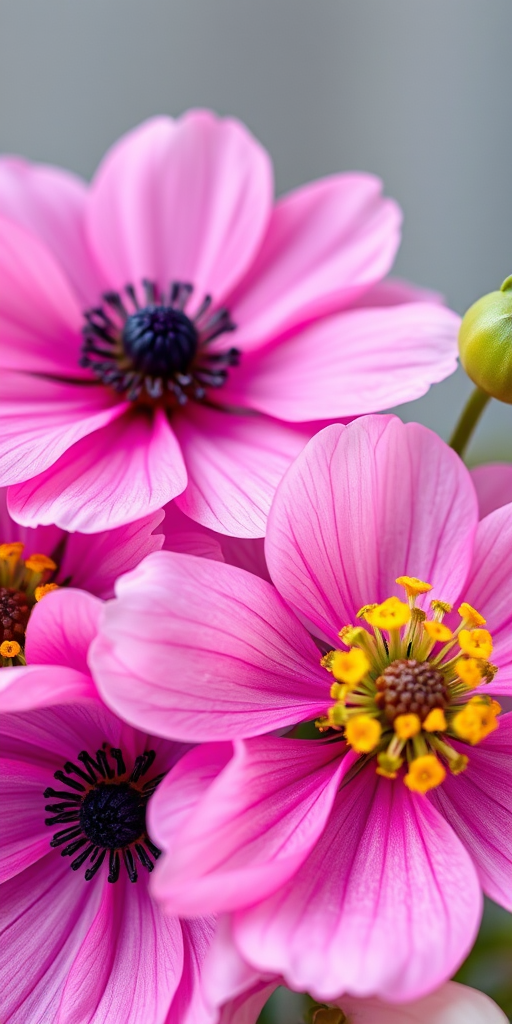 high-resolution floral arrangement of pink and purple anemone flowers with yellow blossoms, macro photography, f/2.8 aperture, 50mm lens, natural light, soft focus background, shallow depth of field