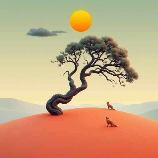 3D Geo-abstract landscape pastel muted colours. abstract tree with twisted contorted trunk. round vivid orange opaque sun in sky with single dark cloud. tiny fox. Topaz Look filter applied plus Topaz edge. Generative fill with some objects in PS.