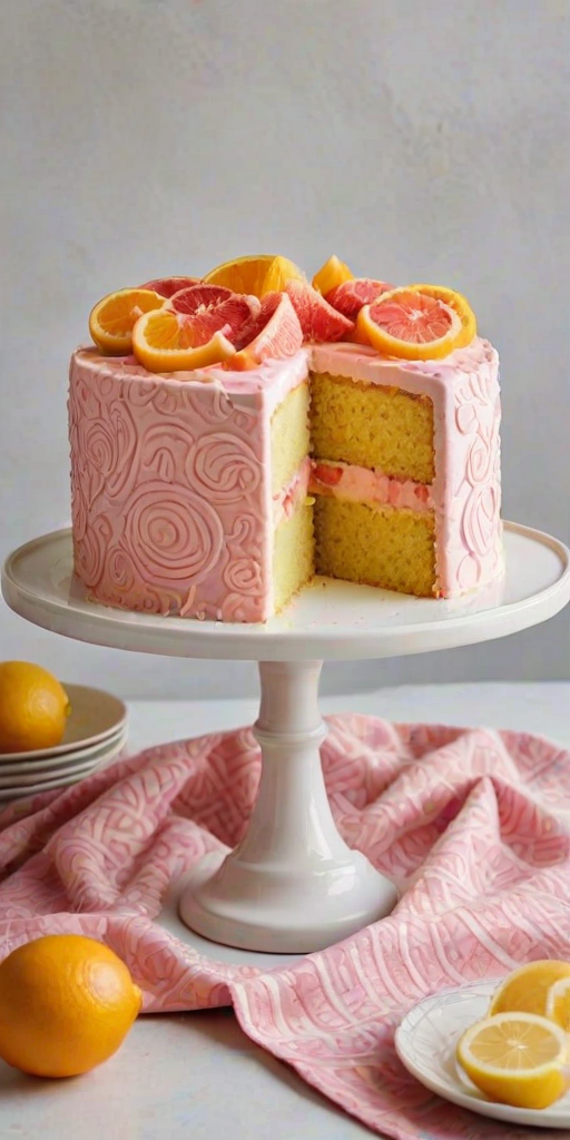 Create an image of a round cake with a textured frosting in shades of orange and pink. Place the cake on a white cake stand and surround it with fresh grapefruit halves and a patterned cloth featuring citrus designs. Include a small bowl of lemon curd nearby. The background should be simple and bright to highlight the cake and fruits.