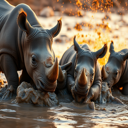 A close-up shot of playful baby rhinos splashing in muddy water during golden hour, using a DSLR camera with a 50mm lens, aperture set to f/2.8, ISO 100, and a shutter speed of 1/500 seconds for high clarity and vibrant colors.